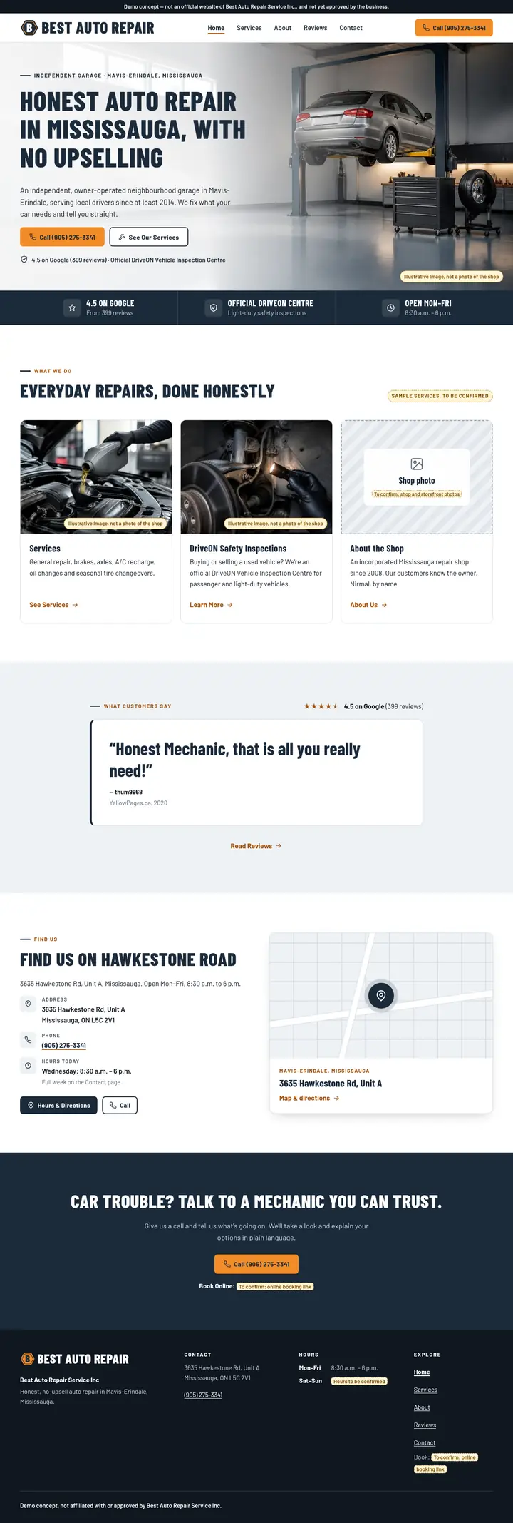 Screenshot of the Best Auto Repair Service demo website home page