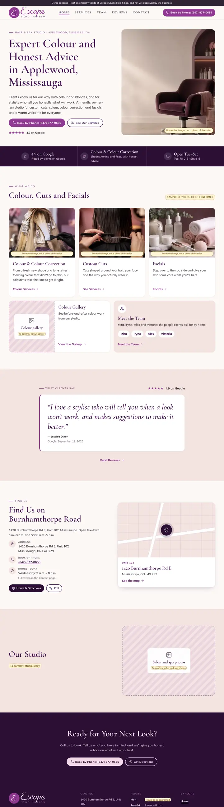 Screenshot of the Escape Studio Hair & Spa demo website home page